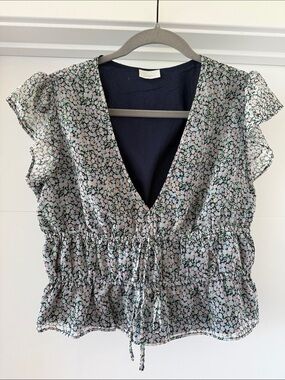 Abound Floral V-Neck Cinched Waist Flutter Sleeve Top